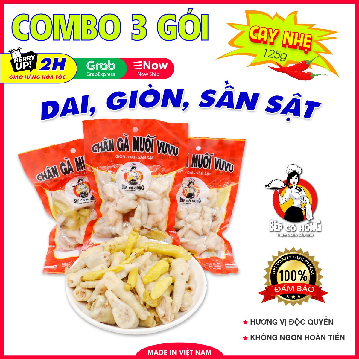 Chân gà cay nhẹ vuvu muối ớt xanh đồ ăn vặt bếp cô hồng combo 3 gói 125 gram