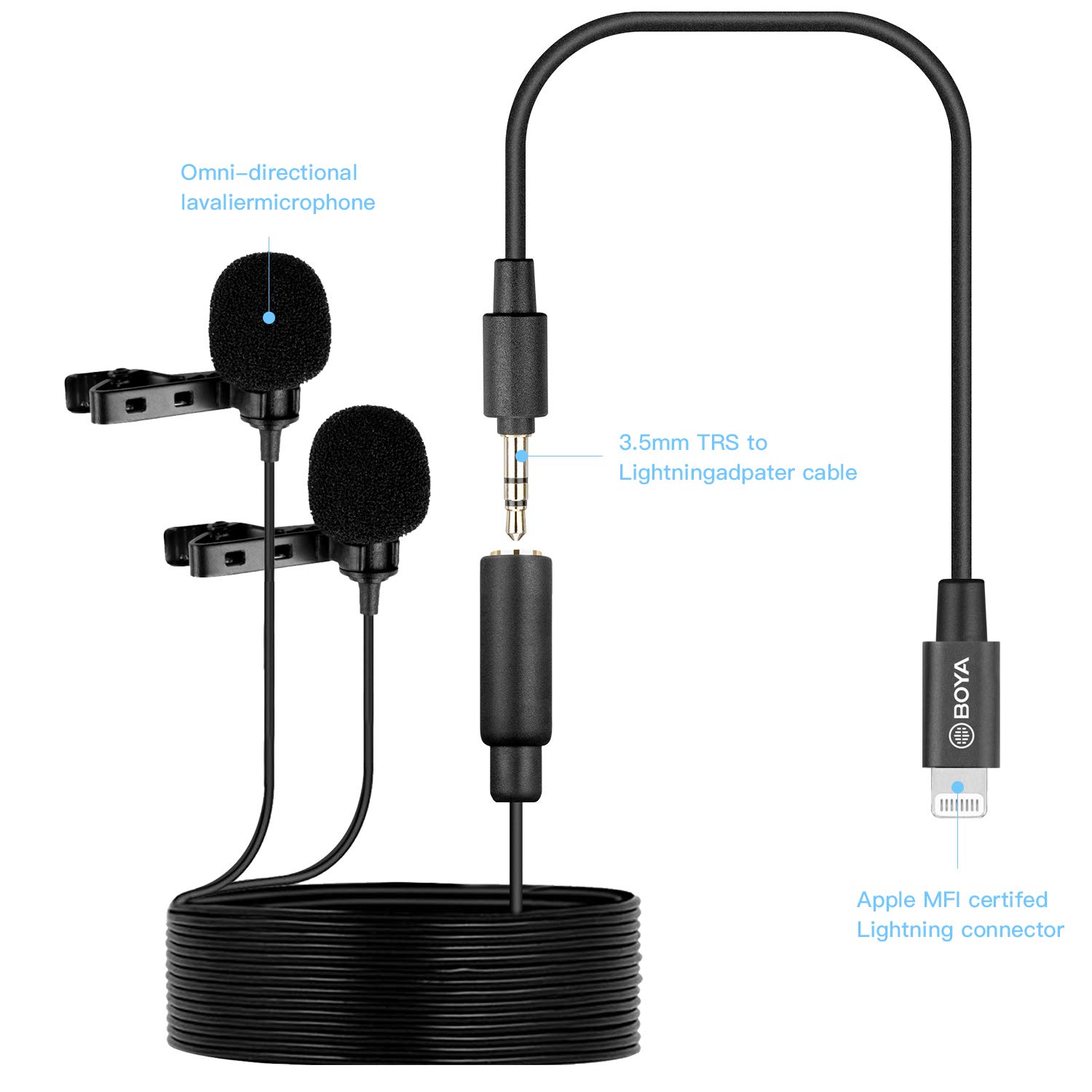 Micro thu âm kẹp ve áo, cài cổ áo có dây cho Iphone, Ipad cổng Lightning Boya BY-M2D