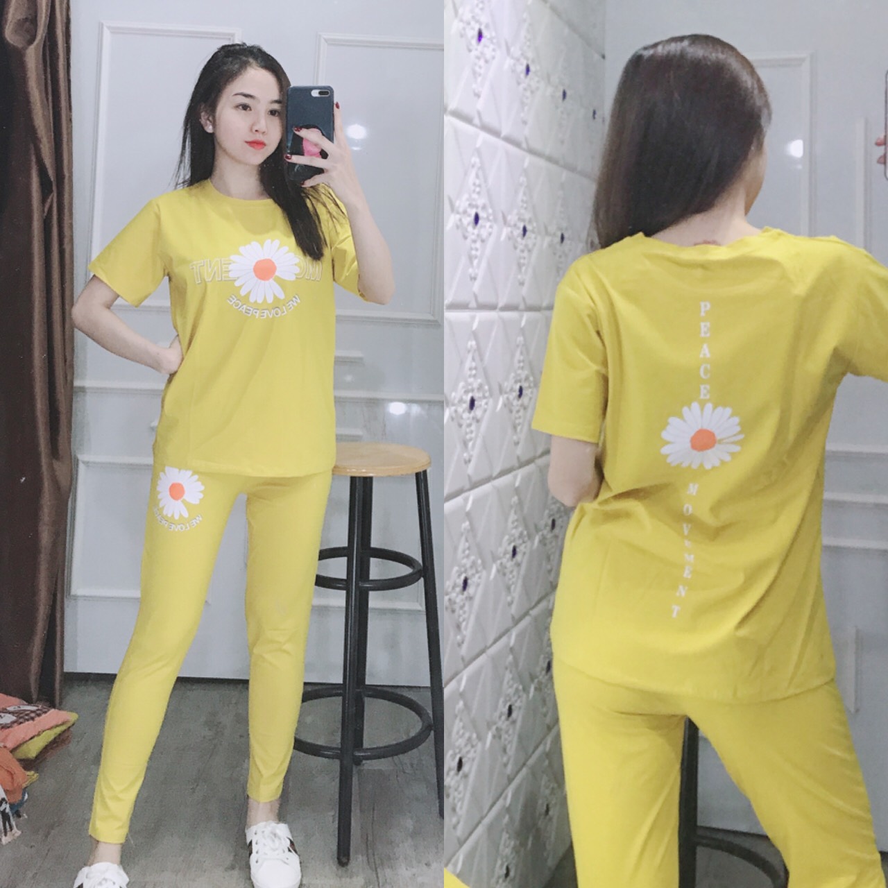Set bộ nữ áo tay ngắn hoa cúc kèm quần dài