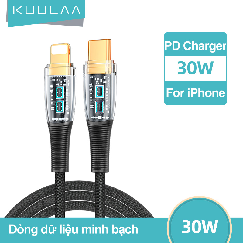 【50% OFF Voucher】KUULAA 30W USB C to Lightning Cable for iPhone 14 13 pro max PD Charger 30W Max for iPhone 14 Pro Max 13 12 11 8 7 Fast Charger Data Cord for Macbook iPad USB-C iPhone Cord Apple Cable Transparent Data Cable