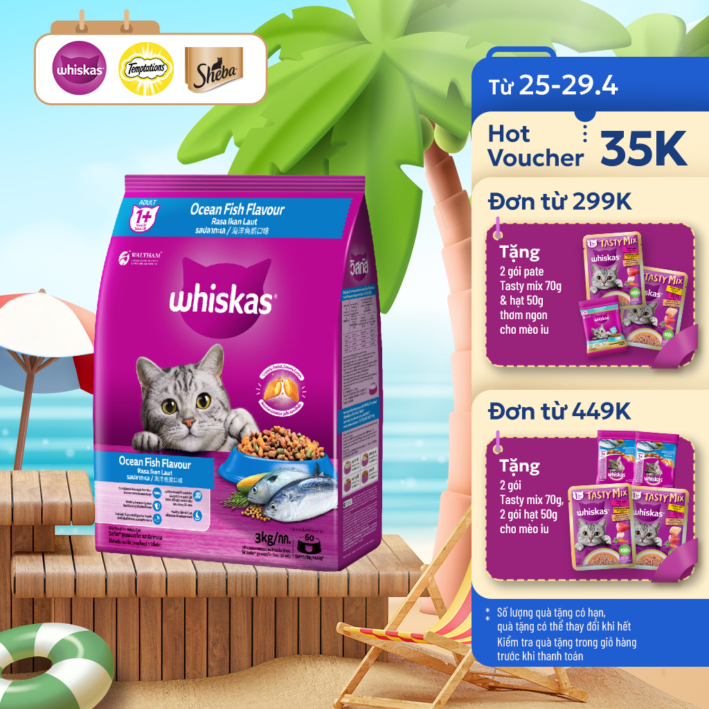 Thức Ăn Hạt Cho Mèo Trưởng Thành WHISKAS vị Cá Biển - 3kg - Dinh Dưỡng Hoàn Thiện  Cân Bằng Cho Mèo Từ 1 Tuổi trở Lên