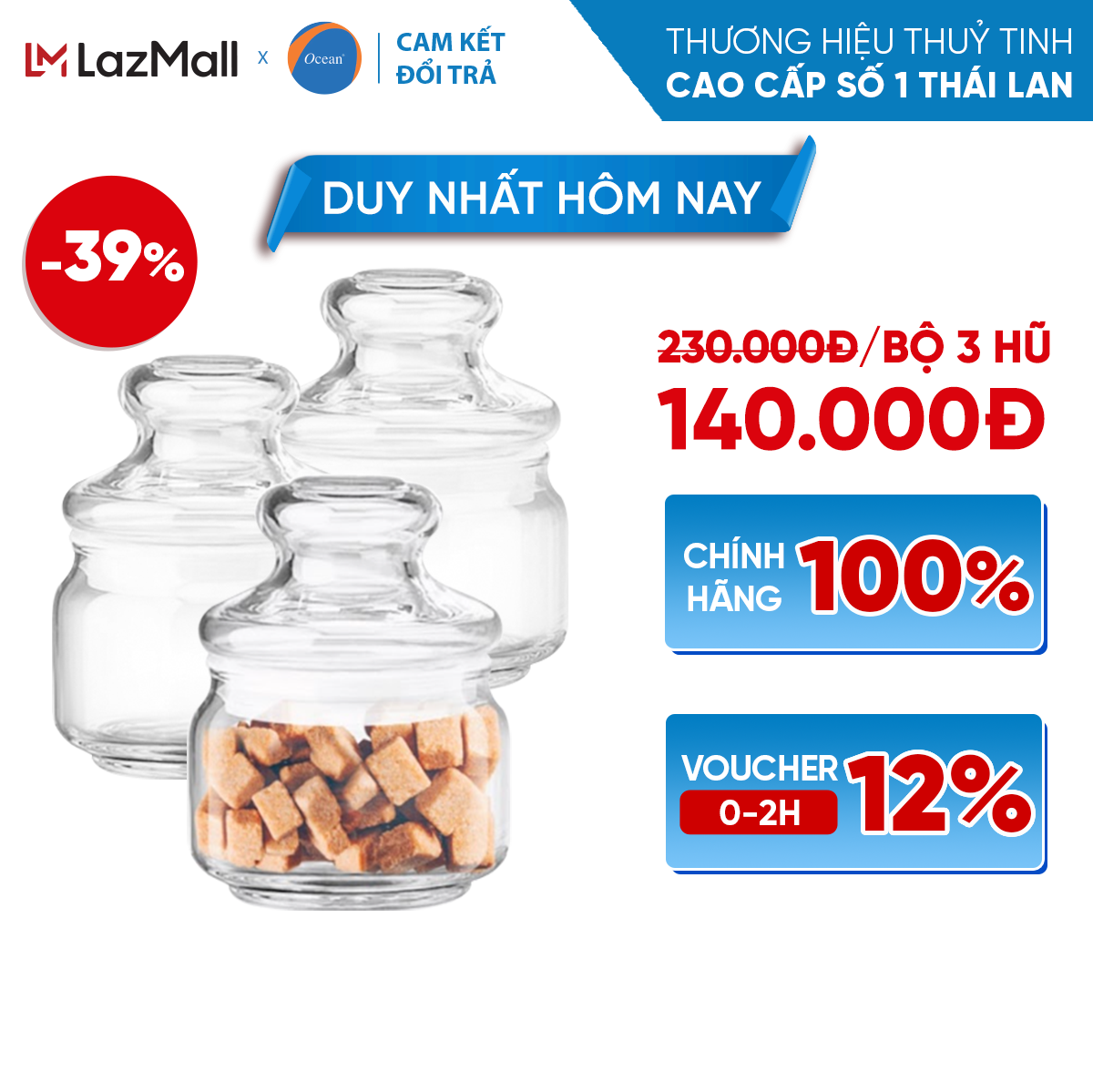 [Cam Kết Đổi Trả Nếu Vỡ] Bộ 3 Hũ Thủy Tinh Nắp Kính - Ocean Pop Jar 325ml - Chính Hãng
