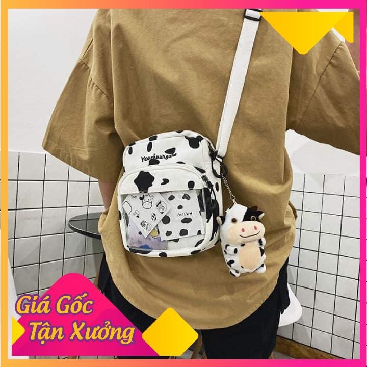 [GIÁ XƯỞNG] Túi Đeo Chéo Vải Canvas Hình Vuông Họa Tiết Bò Sữa Thời Trang 2021 Cho Nữ