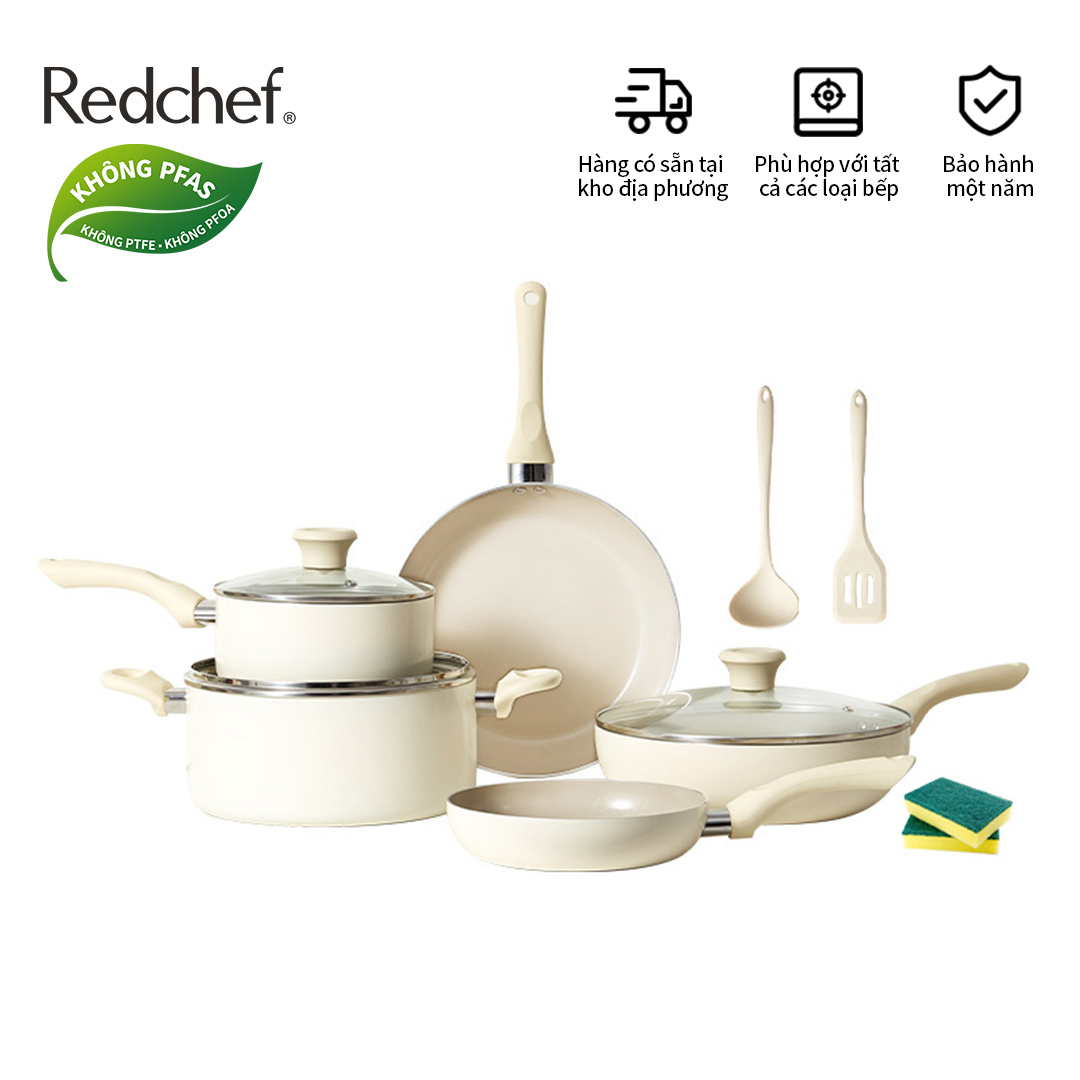 Redchef Bộ Dụng Cụ Nấu Ăn Gốm Đá Chống Dính 12 Chiếc Không Chứa PFAS PTFE Và PFOA Thích Hợp Cho Tất Cả Bếp Nồi Chiên Chảo Nắp Cảm Ứng Nồi Đồ Nấu Ăn Bằng Gốm
