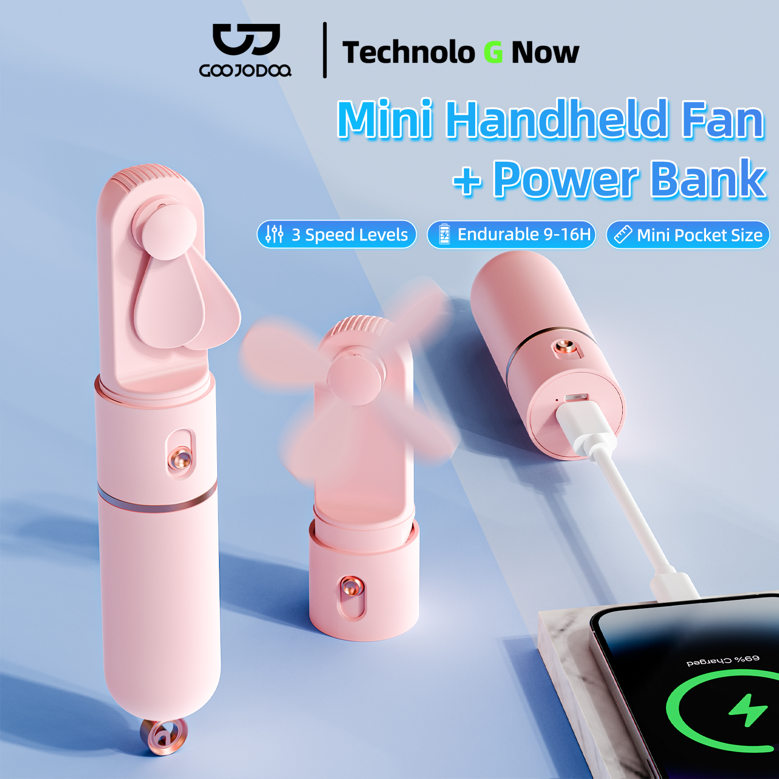 Quạt sạc mini cầm tay & Sạc dự phòng GOOJODOQ 2 IN 1 2500mAh Cầm tay Có thể gập lại Siêu êm