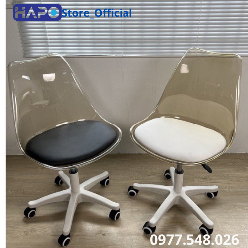 Ghế xoay nhựa trong suốt có nệm, ghế xoay văn phòng decor trang trí chân nhựa cao cấp, ghế trang điểm hapo