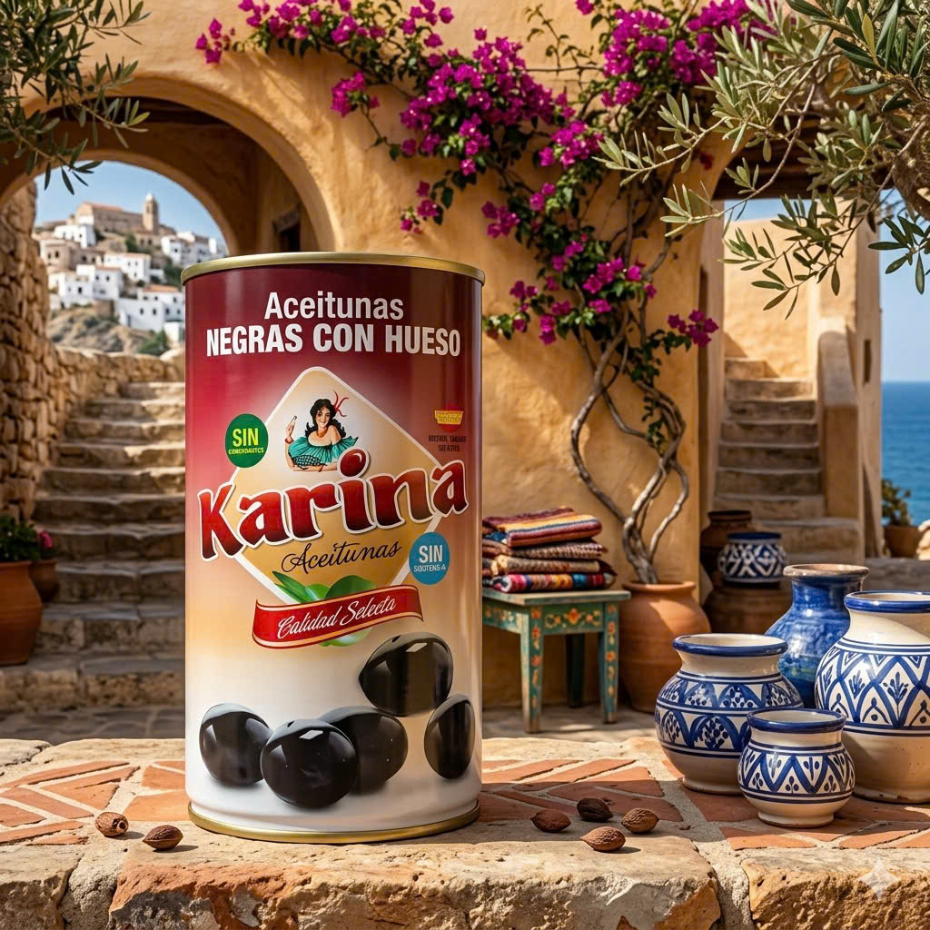 Trái Ô liu đen tách hạt hiệu.Whole See Black Olive Karina 350g. HSD 31/12/2027 (Lon bi sét nap nhu hinh)