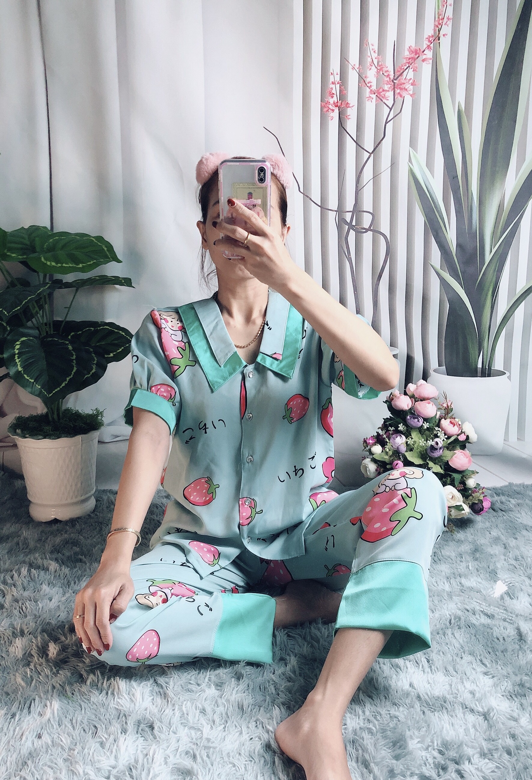 Đồ bộ ngủ Nữ pizama cổ phối vải lụa mango - Hình chụp thật