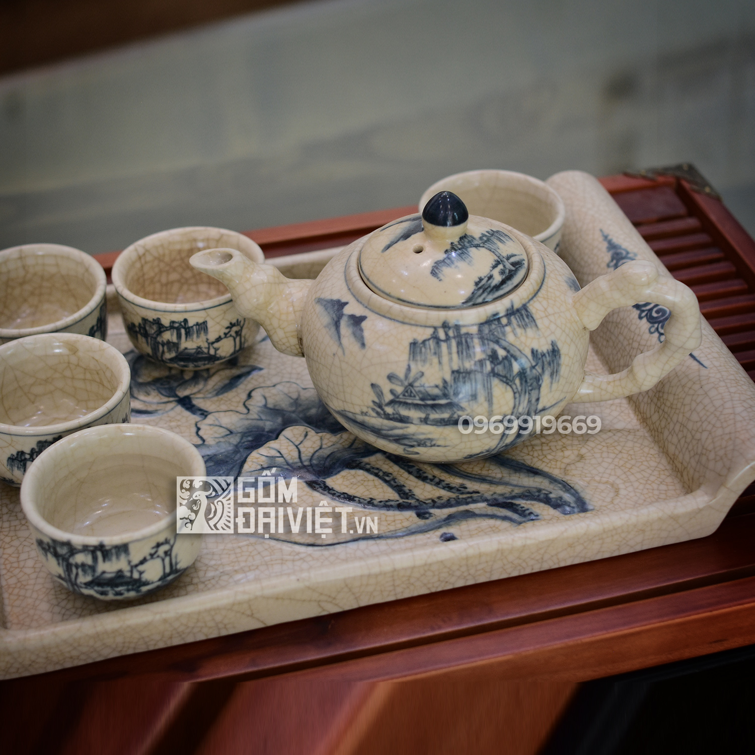 Bộ ấm chén Bát Tràng men rạn cổ vẽ sơn thủy khay chữ nhật