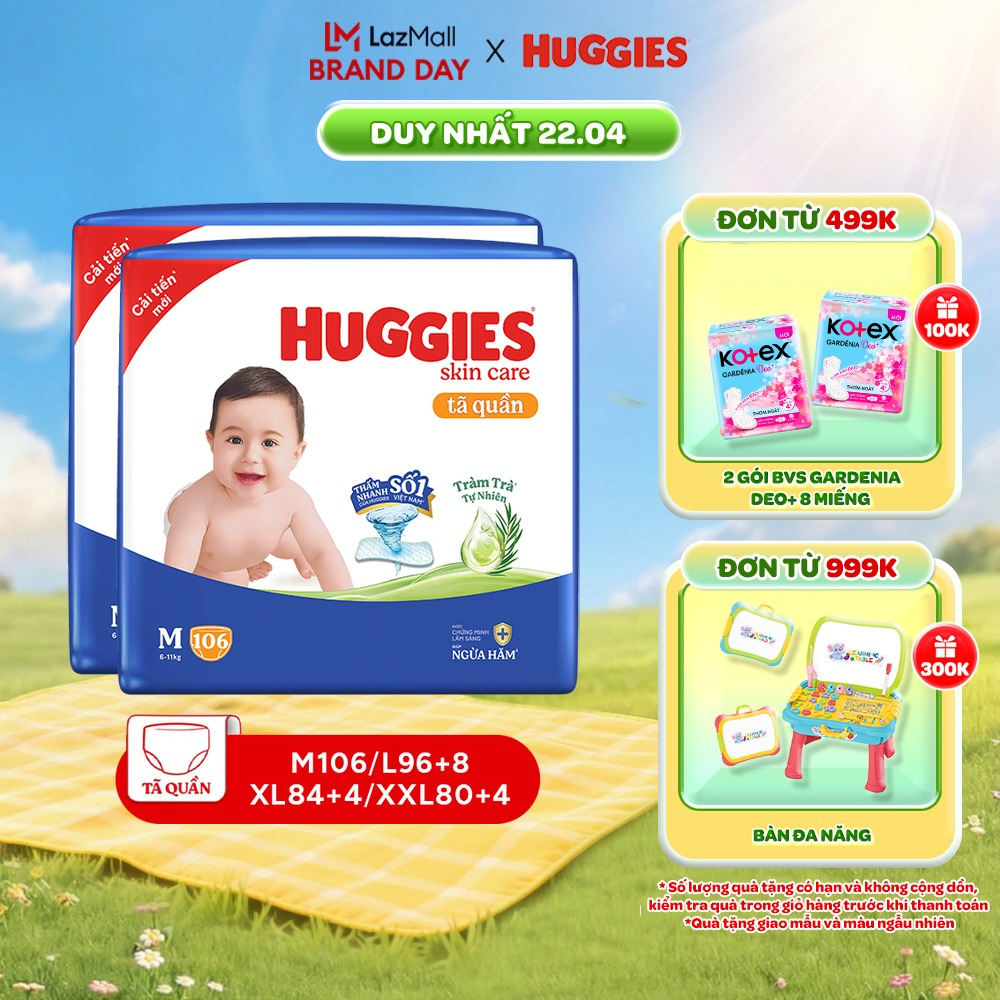 Combo 2 gói Tã/ bỉm quần Huggies Skincare Mega Jumbo M106/L100+4/XL84+4/XXL76+4 với tràm trà dịu da