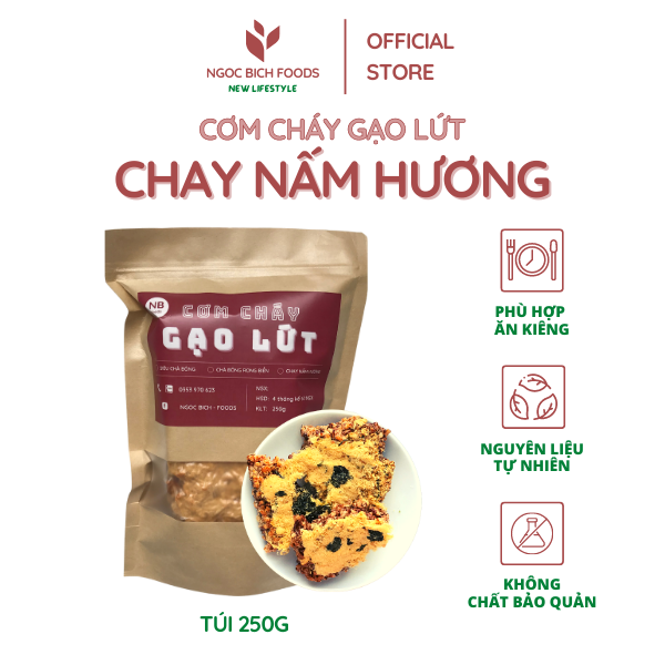 Cơm cháy gạo lứt chay nấm hương - ngoc bich foods túi 250g - phù hợp ăn kiêng/ eatclean và ăn chay được