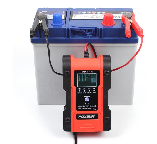 Sạc bình ắc quy 12V 24V FOXSUR pinlithium pin sắt LiFePO4 acid sạc ắc quy ô tô xe máy cảm ứng vân tay LOẠI TỐT MÀU CAM