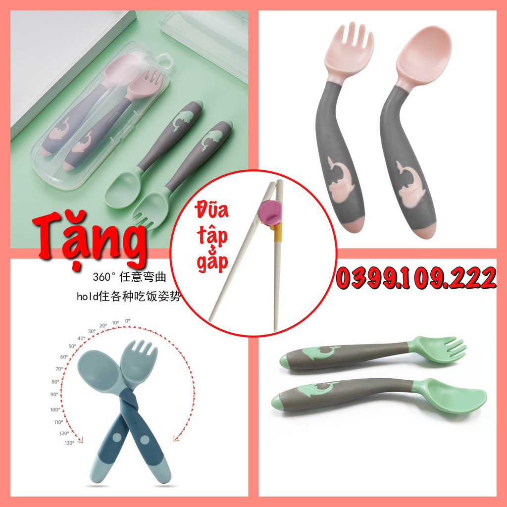 Bộ dụng cụ cho bé tập ăn cơm, ăn dặm gồm thìa/muỗng dĩa tặng kèm đũa tập ăn cho bé
