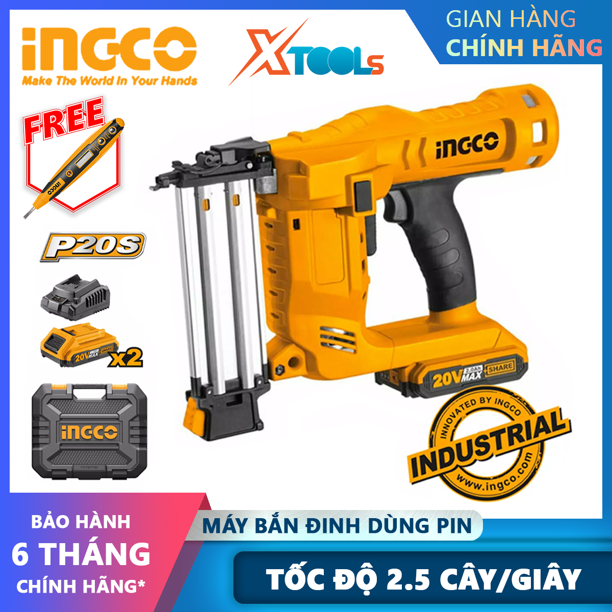 Súng bắn đinh dùng pin INGCO CBNLI2002 | dụng cụ bắn đinh điện áp 20V tốc độ di chuyển 2,5 đinh/giây khả năng chứa đinh 100 đinh