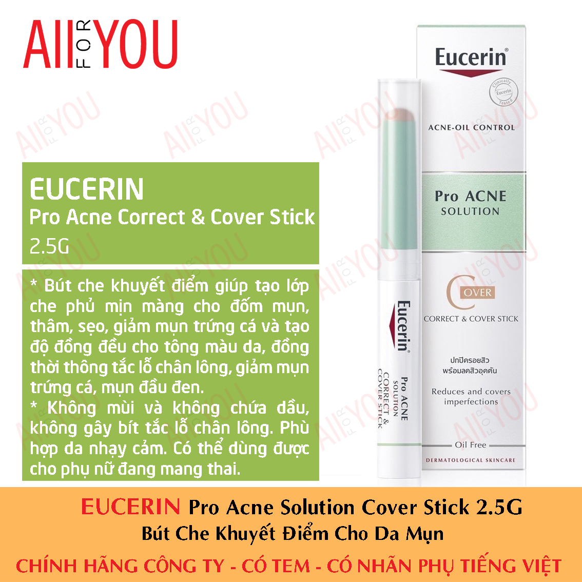 Eucerin pro acne solution correct & cover stick 2g - bút che khuyết điểm da mụn.