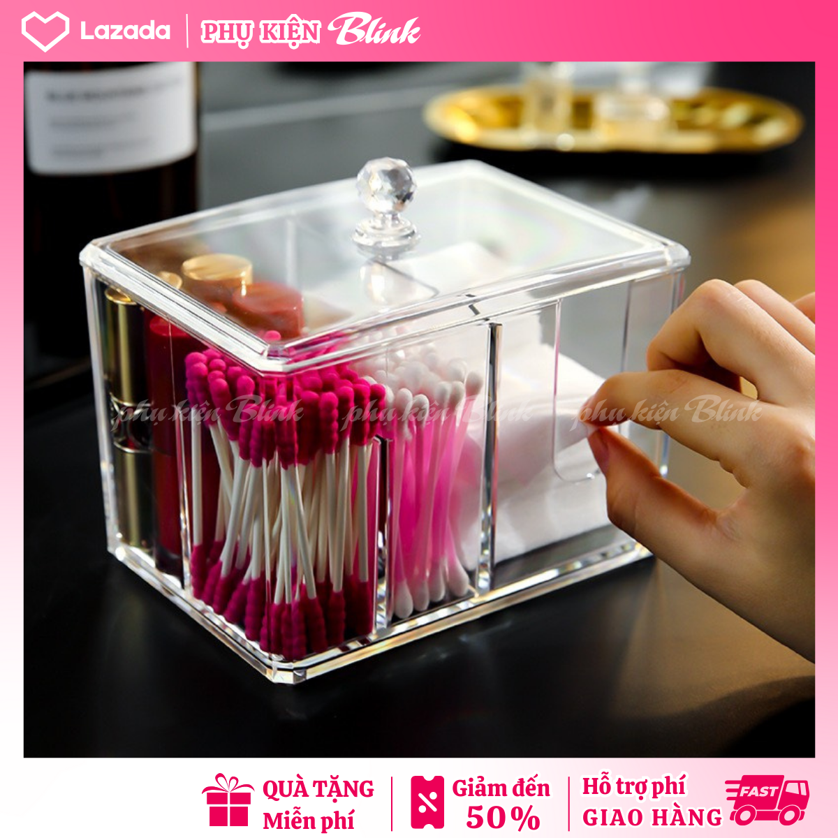 Hộp đựng bông tẩy trang, son môi, bộ trang điểm, phụ kiện, tăm bông, để bàn nhiều ngăn. Chất liệu mica trong suốt loại dày siêu bền đẹp, tiện lợi, vệ sinh, ngăn nắp. Thanh toán khi nhận hàng.