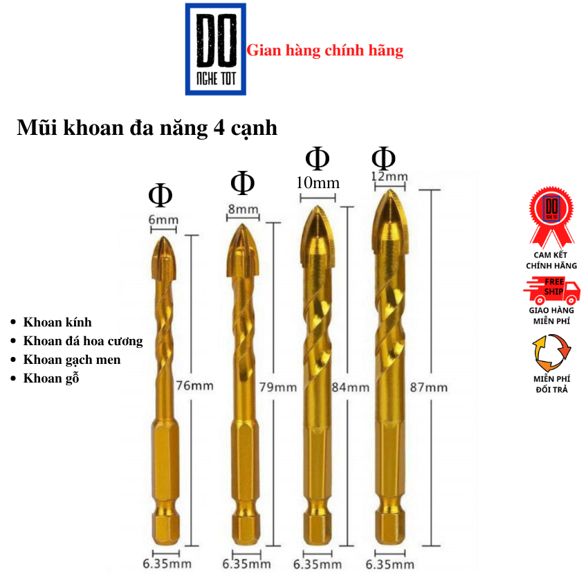 Mũi khoan đa năng 4 cạnh bảo hành 3 tháng theo hãng mũi khoan gạch men đá hoa cương mũi khoan màu vàng bảo hành 1 tháng tại Đồ nghề tốt