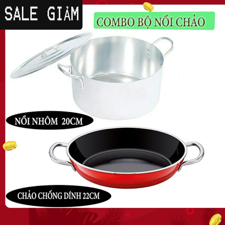 [COMBO BỘ NỒI CHẢO TIỆN DỤNG] Chảo chống dính 2 quai 22cm và Nồi nhôm 20 cm cao cấp