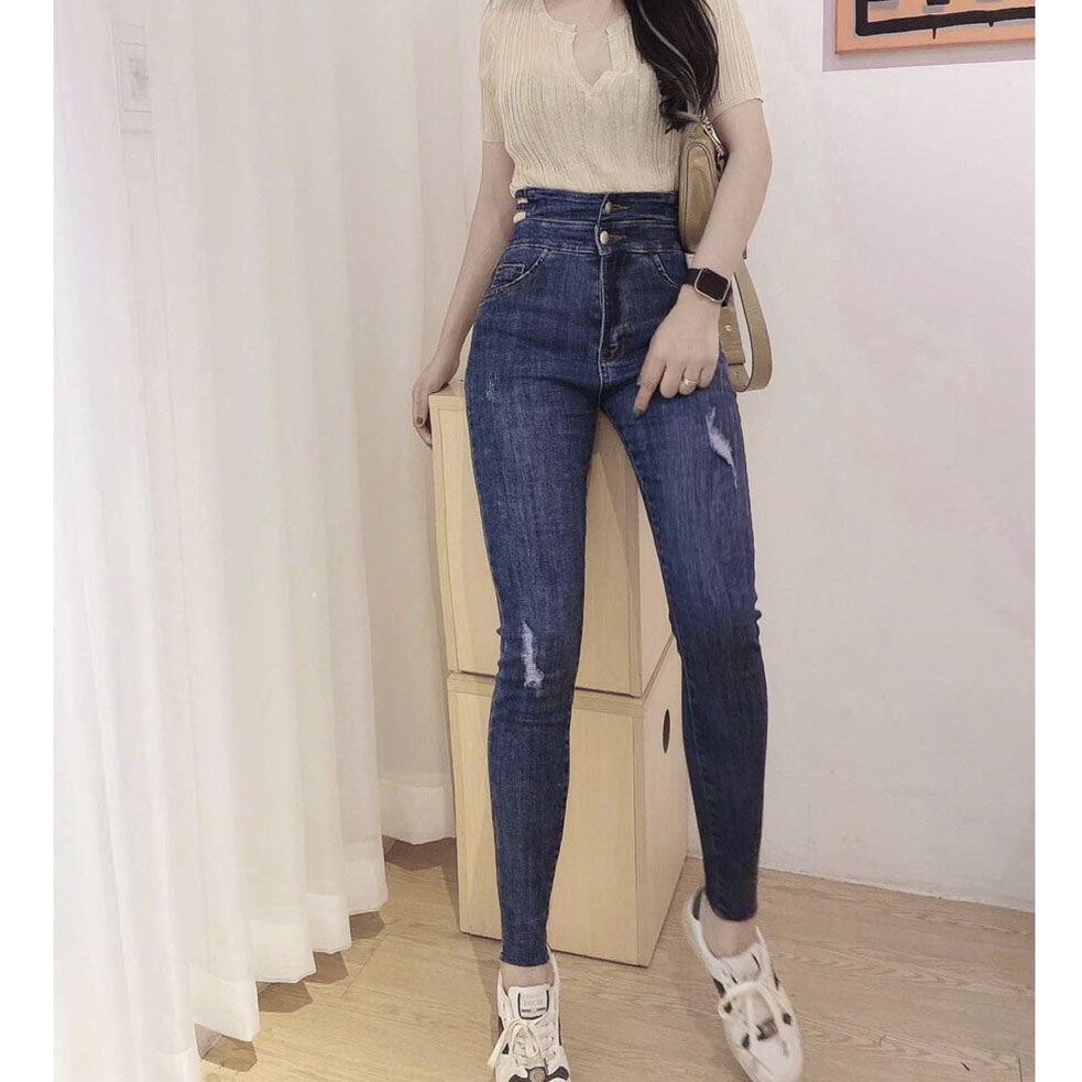 ( Mẫu mới) Quần jean nữ cao cấp, lưng cao đai chéo nhẹ bên, phối rách nhẹ, mẫu mới Pinky79shop kv047