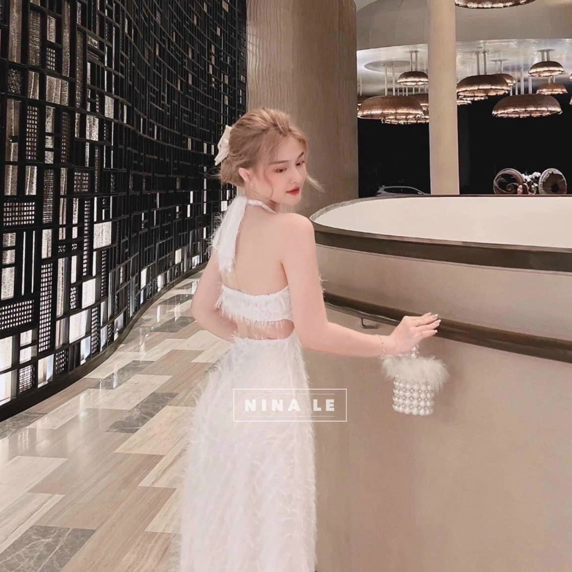 Đầm thời trang nữ mặc sexy, đầm chất lông vũ có mút cổ chéo yếm dáng váy dài mặc đi biển