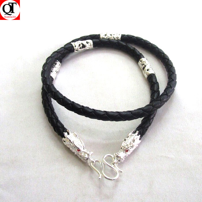 Dây da bọc bạc, dây cao xu đeo cổ trơn bọc bạc độ dài 50 cm kích cỡ 4,5 mm, bọc đầu rồng 6 đốt chất liệu bạc thật không xi mạ trang sức Bạc Quang Thản - QTVCD5
