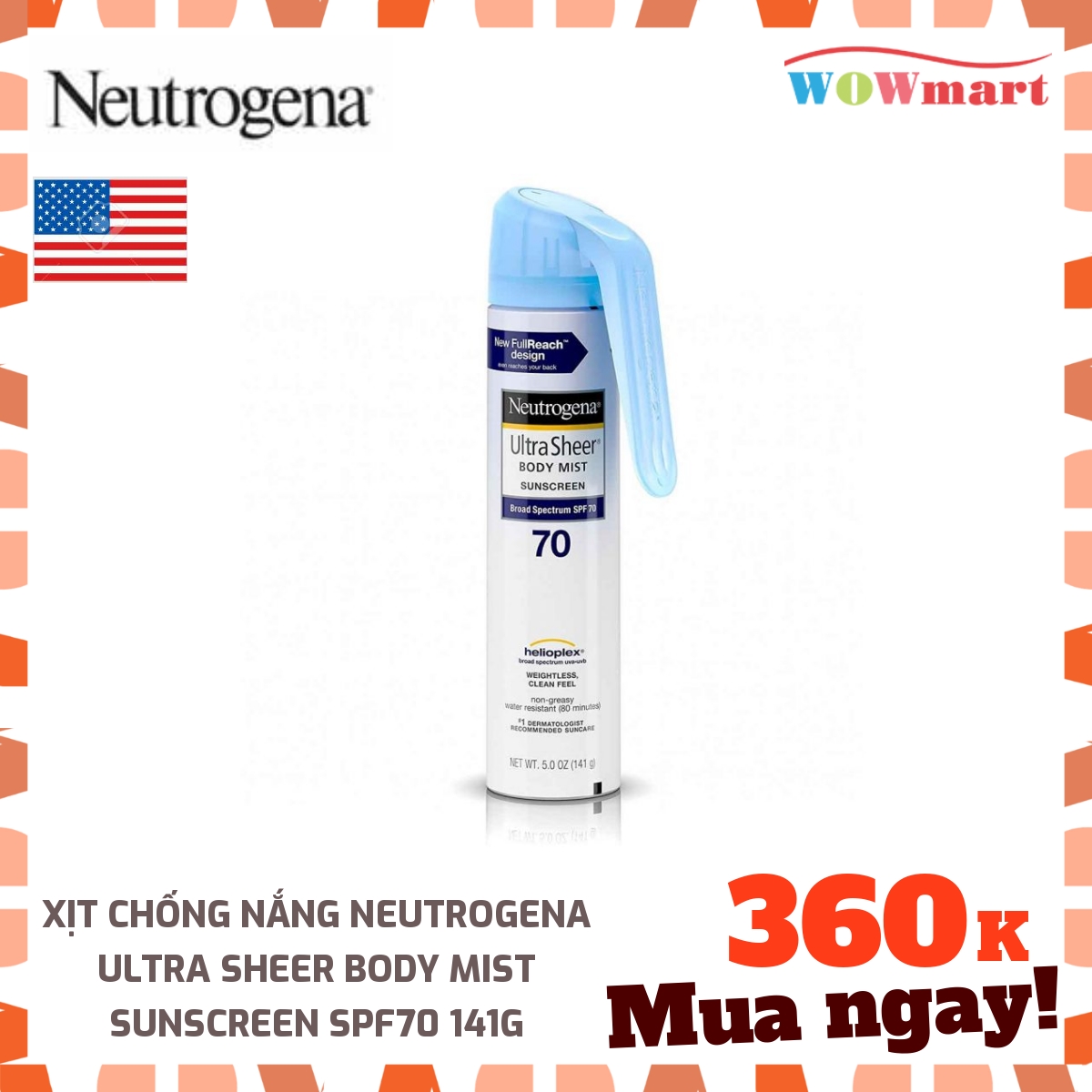 Xịt chống nắng Neutrogena Ultra Sheer Body Mist Sunscreen SPF70 141g - [MỸ]