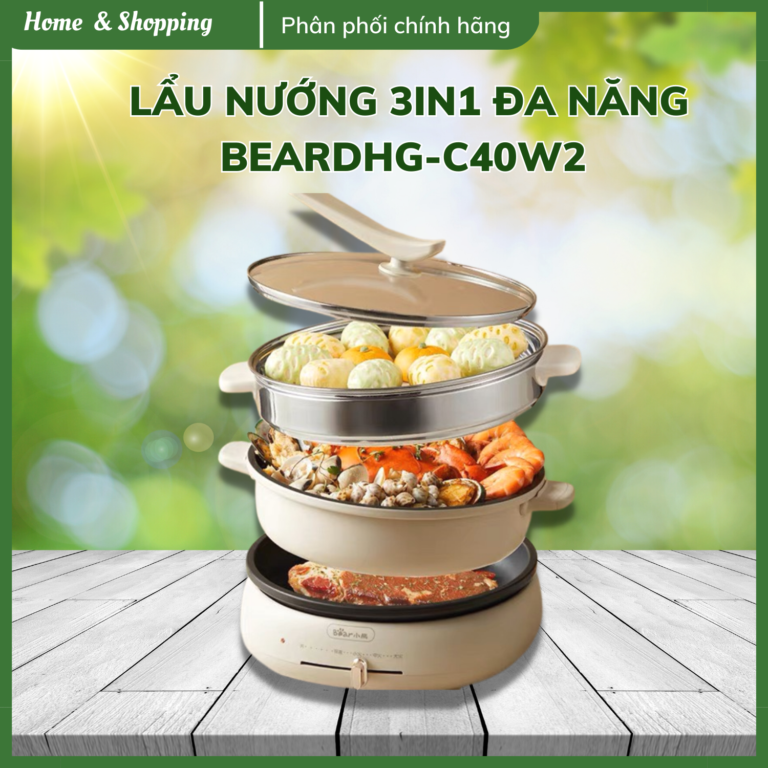 Nồi lẩu đa năng 3 trong 1 Bear DHG-C40T1 nấu lẩu, nướng, hấp, tốc độ tỏa nhiệt cực nhanh
