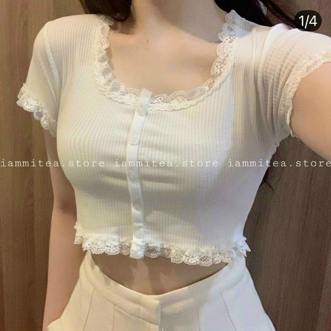 ÁO THUN NỮ TAY NGẮN VIỀN REN# ÁO KIỂU CROPTOP FORM 45KG ÁO THUN NỮ CỔ TRÒN ÁO THUN ÔM BODY ÁO VẢI THUN MỀM MỊN ĐẸP ÁO THUN GIÁ RẺ(h)
