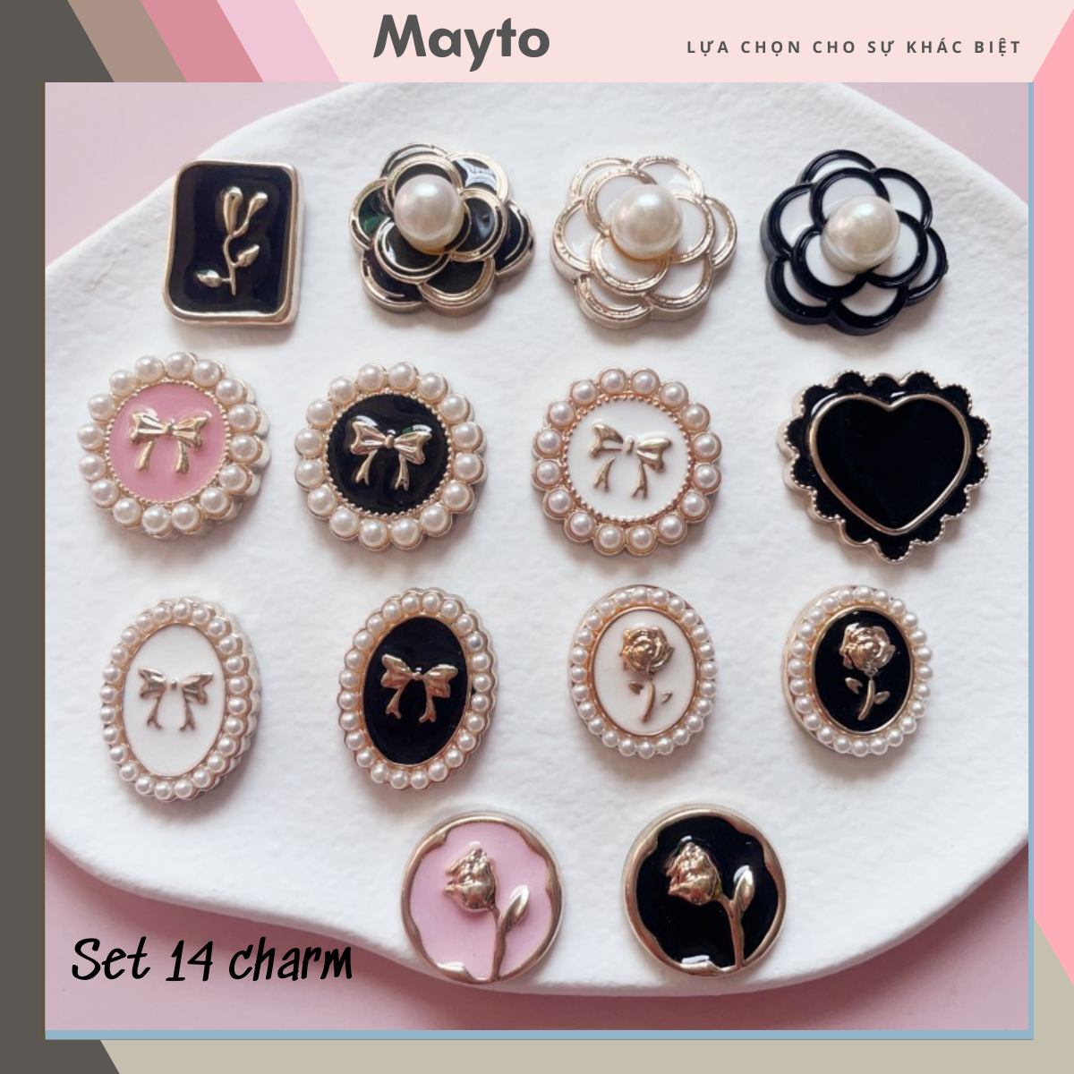 Bộ 14 Sticker, Charm 3D chủ đề Nơ lấp lánh DIY Mayto gắn Dép Cross, Dép Sục, Cá Sấu JB-224