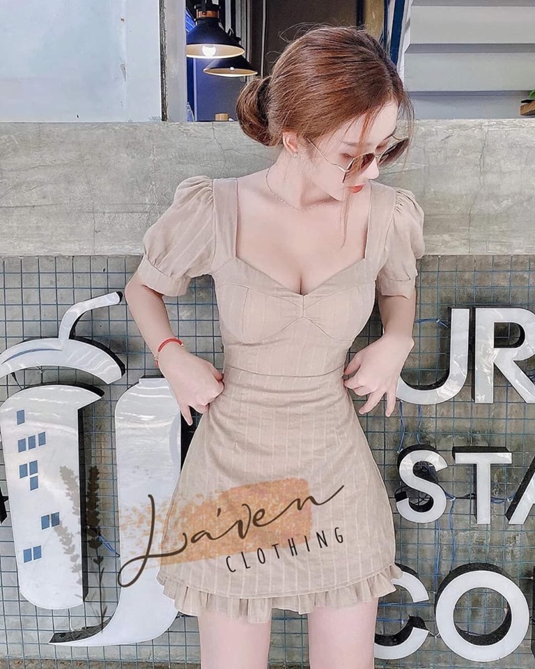 [HCM]Đầm cột nơ hở lưng tay phồng - thời trang nữ