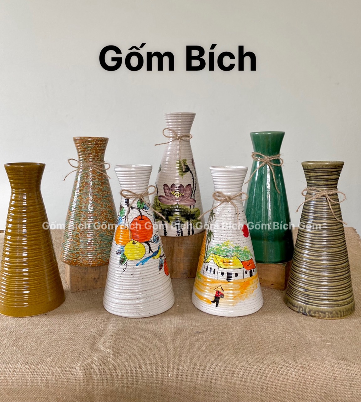 Bình hoa lọ hoa để bàn vẽ tay dáng bó mạ gốm bát tràng - gốm bích