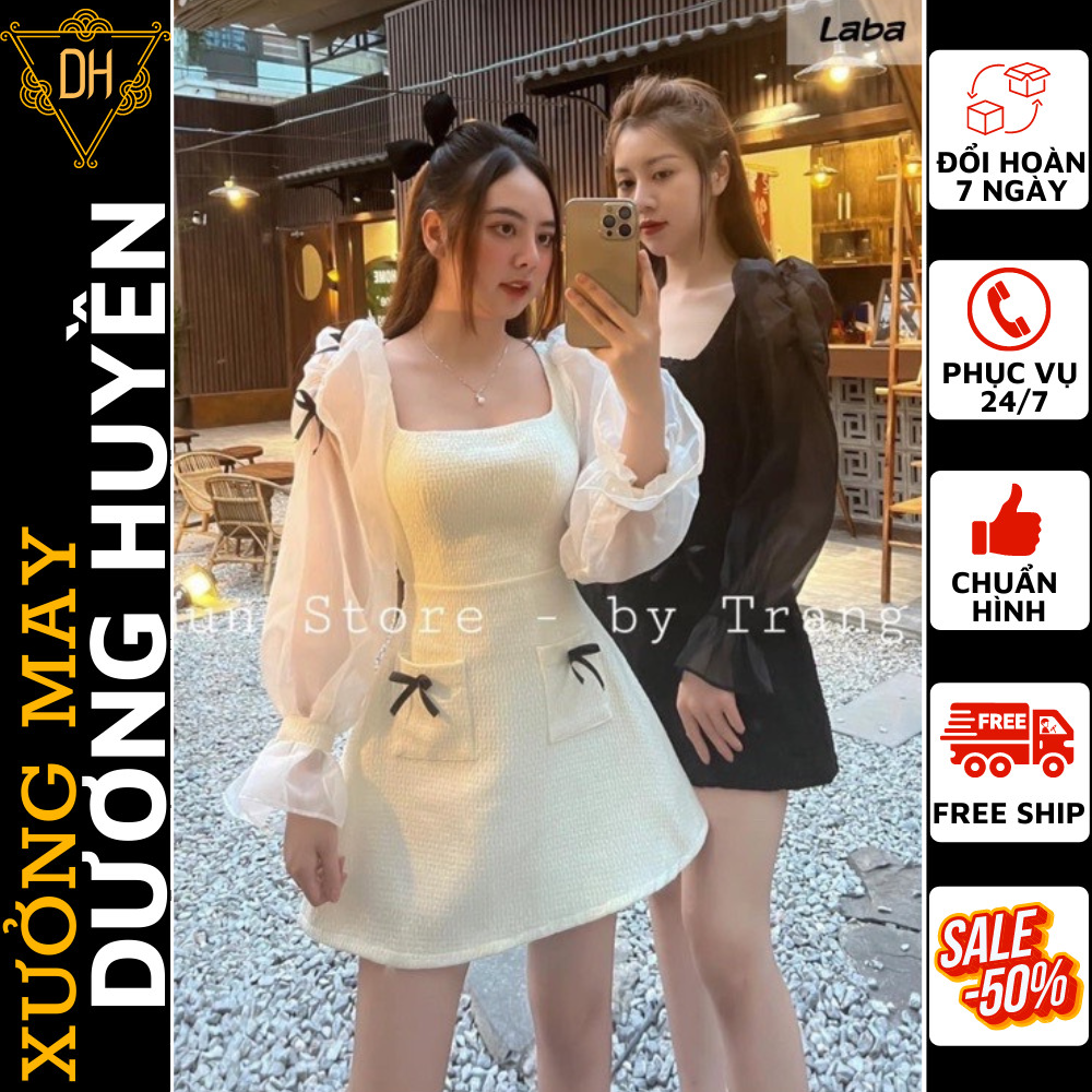 Đầm nữ vai bồng tay dài đính nơ tiểu thư - Váy tafta vai bồng phối voan tay dài đính nơ điệu siêu xinh, váy nữ đi chơi hàn quốc, váy nữ đi tiệc cưới, váy nữ đi tiệc cưới sang chảnh