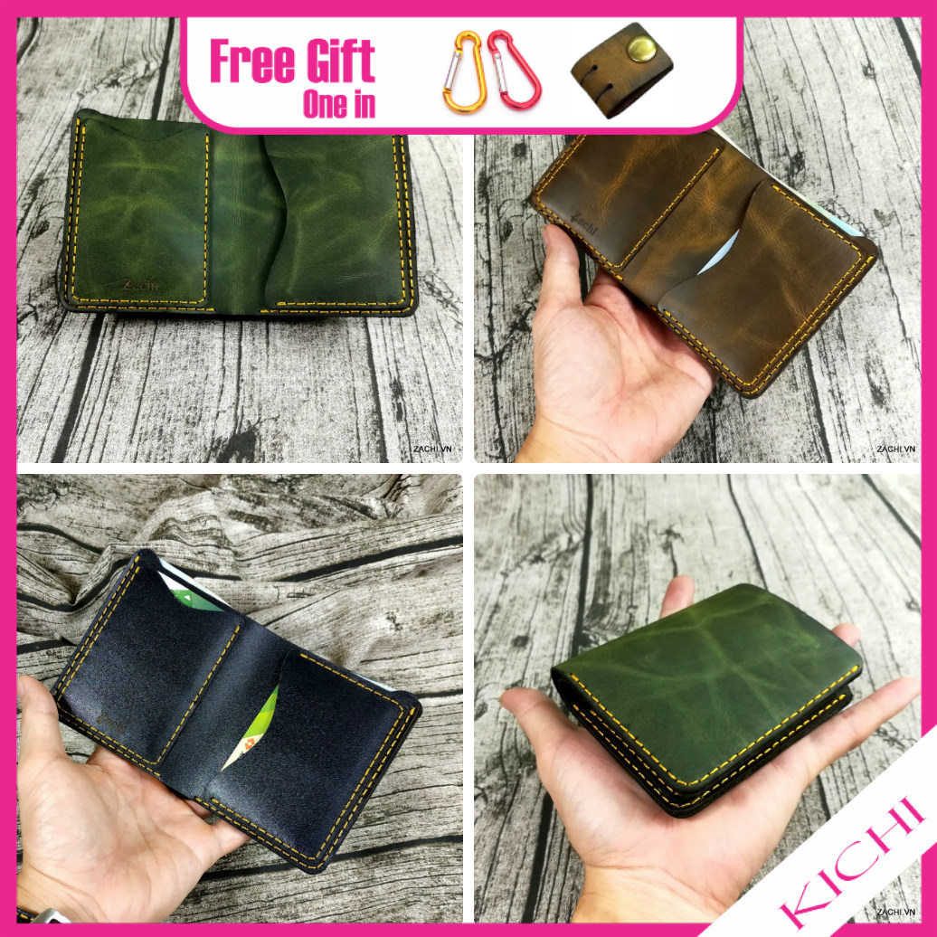 Bóp nam, Ví nam mini nhỏ gọn trong lòng bàn tay mẫu đứng màu Nâu da bò handmade - Kichi VN219
