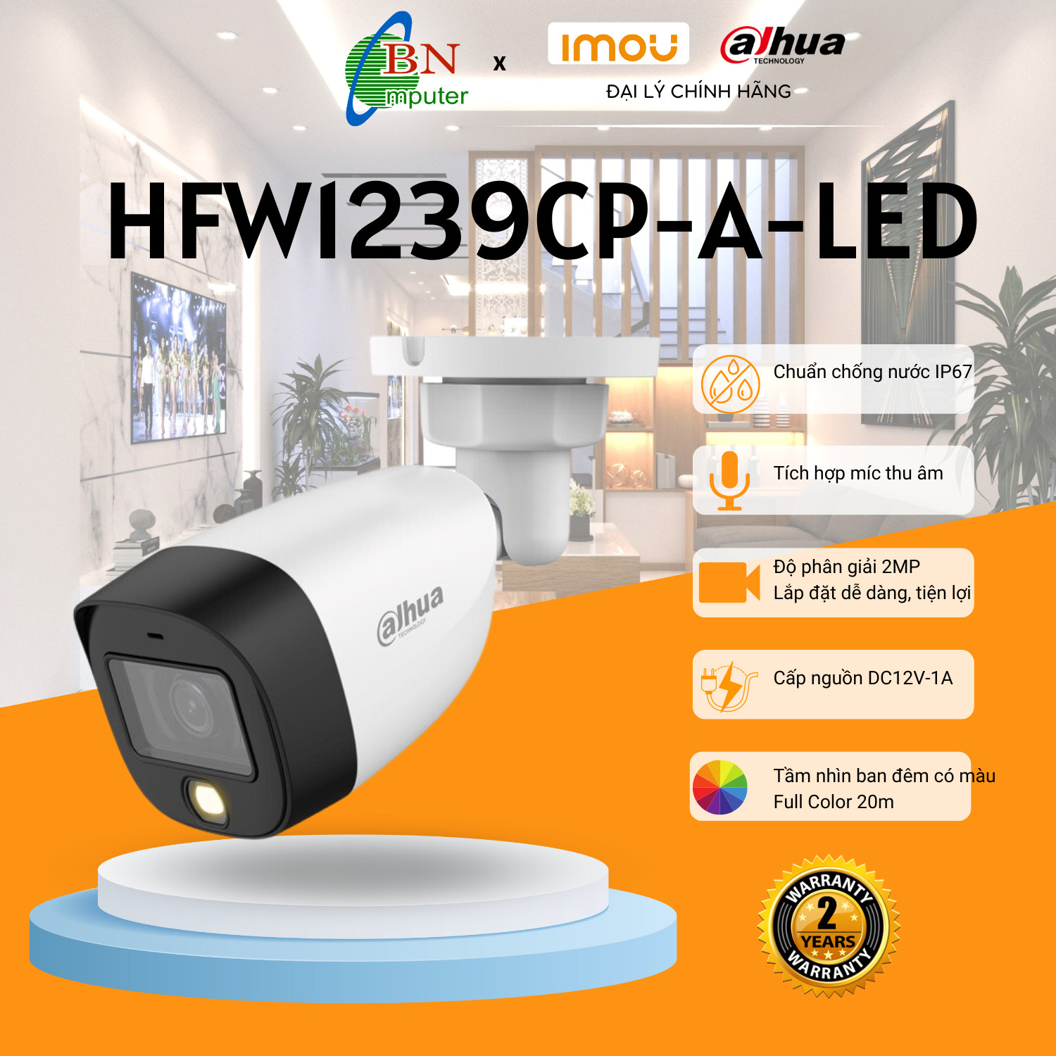 Camera hdcvi dahua dh-hac-hfw 1239cp-a-led 2.0 megapixel, có mic