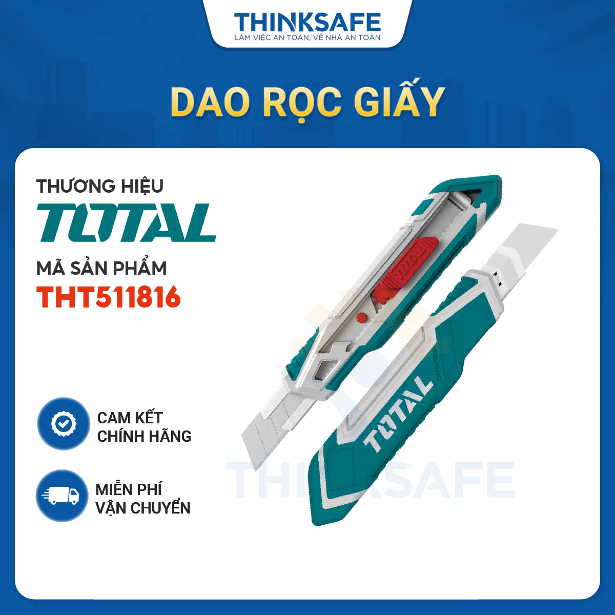 Dao rọc giấy cao cấp TOTAL THT511816 kèm 1 lưỡi dao chất liệu SK5, dùng cắt giấy, băng keo, bìa carton - THINKSAFE