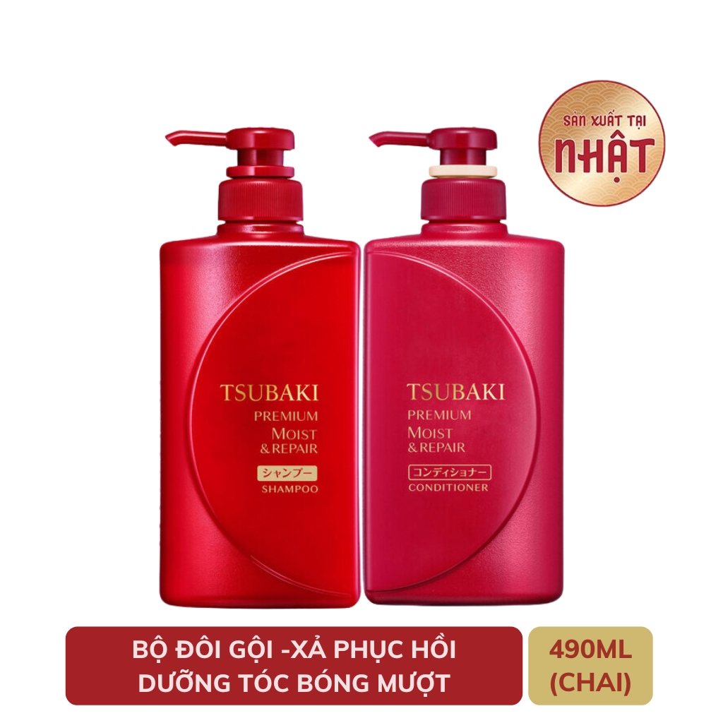 Bộ đôi dầu gội xả Tsubaki Premium Moist Dưỡng Tóc Bóng Mượt (490ml/chai) - Bộ dầu gội Tsubaki đỏ - Chính Hãng