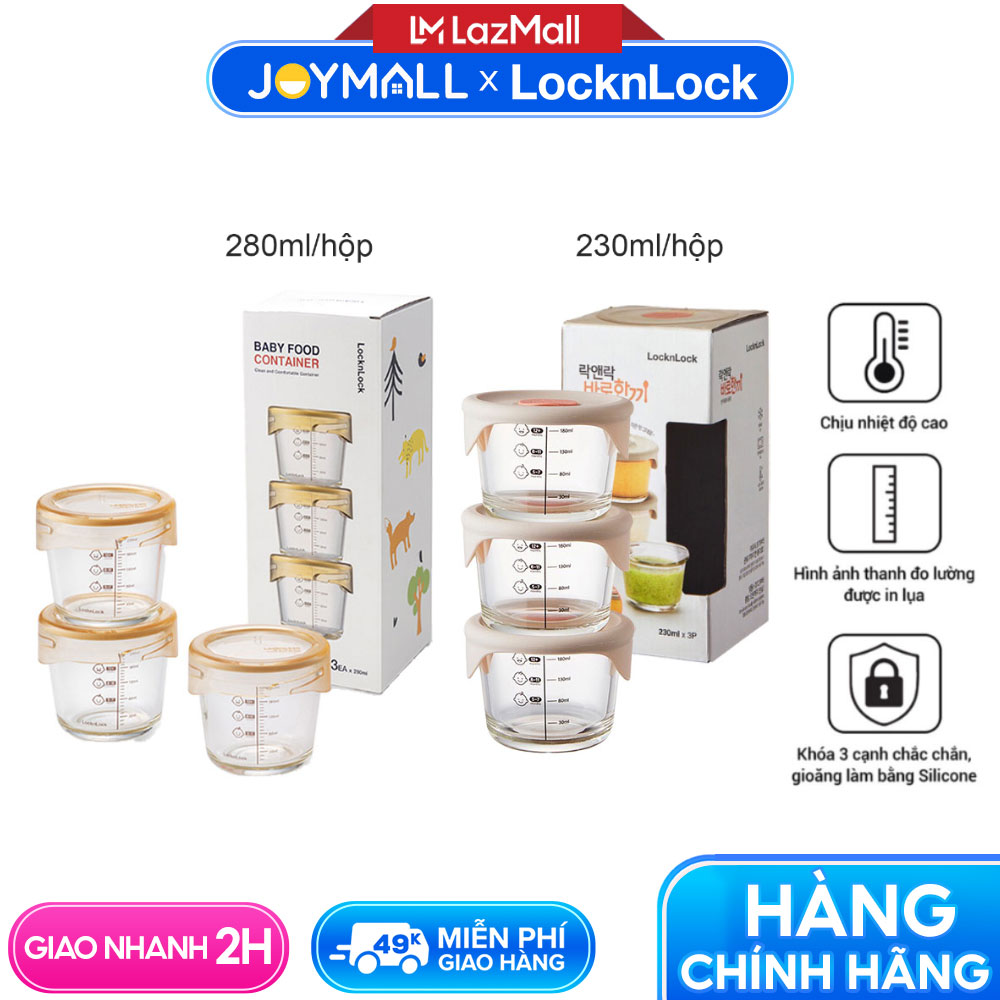 Bộ 3 hộp thủy tinh đựng thức ăn dặm cho bé Lock&Lock LLG508S3 LLG542S3IVY- Hàng chính hãng, có vạch chia, chịu nhiệt tốt - JoyMall