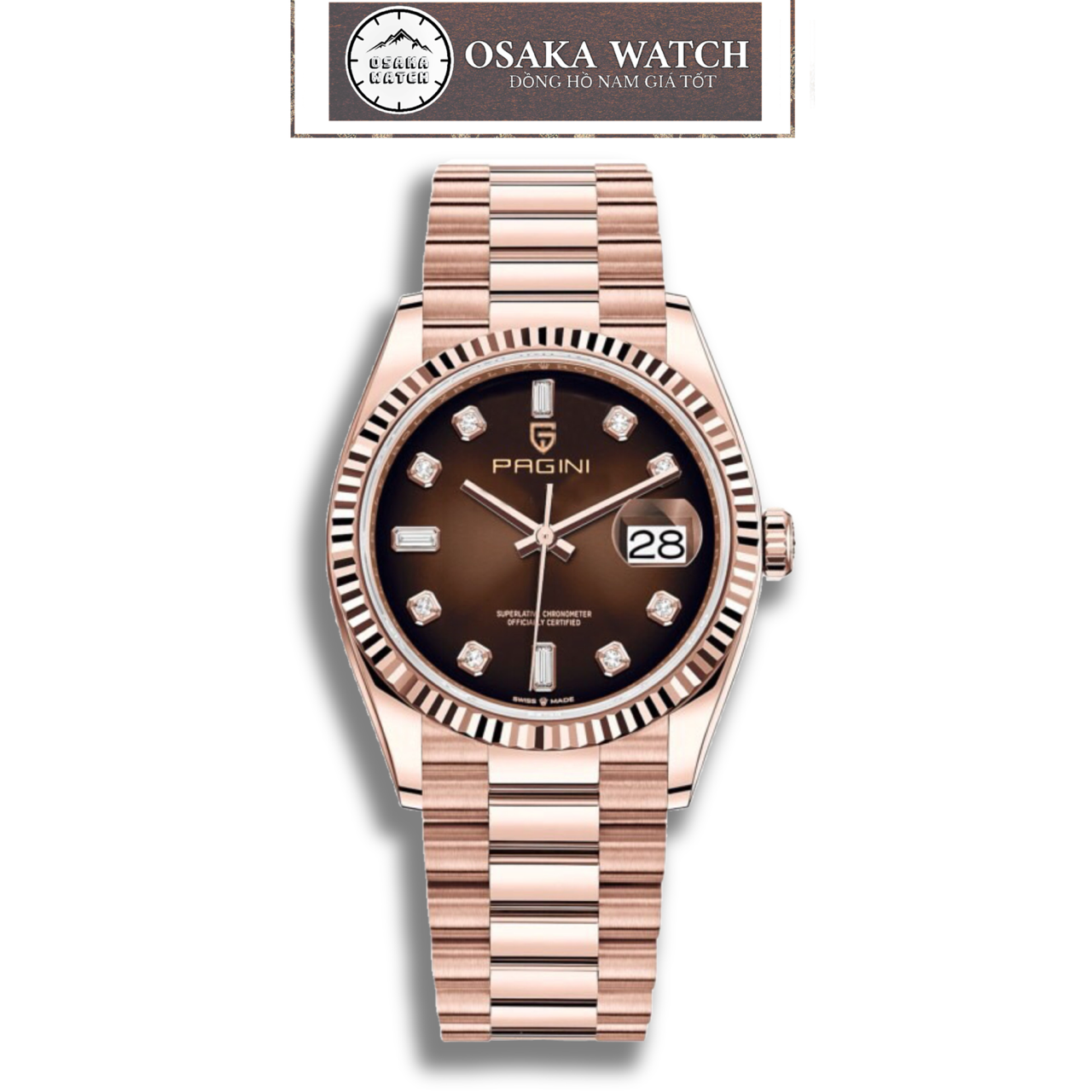 Đồng Hồ Nam Chính Hãng Pagini PA9933 Mặt Đính Đá Dây Thép Không Gỉ Lịch Ngày Sang Trọng