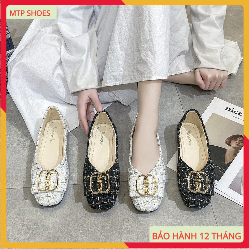 Giày búp bê nữ đế bệt mũi vuông đính nơ da mềm ánh kim sa sang chảnh
