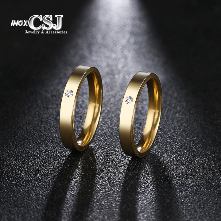 SỈ 02 CHIẾC NHẪN CẶP INOX TRƠN MẠ VÀNG ĐÍNH ĐÁ NC028 - siêu đẹp, bền màu