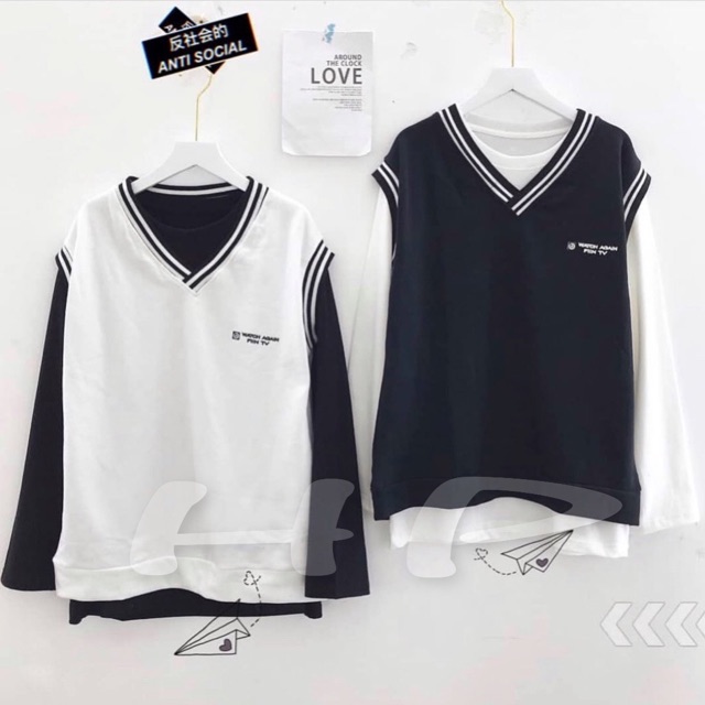 [HCM]Set áo gile kèm áo thun thời trang Hàn Quốc (Trắng và Đen)