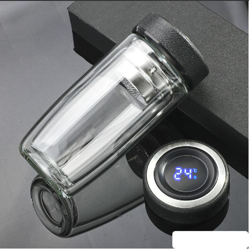 Bình thuỷ tinh lọc trà 2 lớp giữ nhiệt có nắp hiển thi nhiệt độ cao cấp kèm túi bọc ti0324a