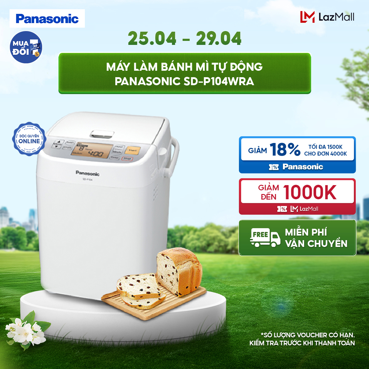 [Trả góp 0%]Máy Làm Bánh Mì Tự Động Panasonic SD-P104WRA 13 thực đơn tự động - Hàng Chính Hãng
