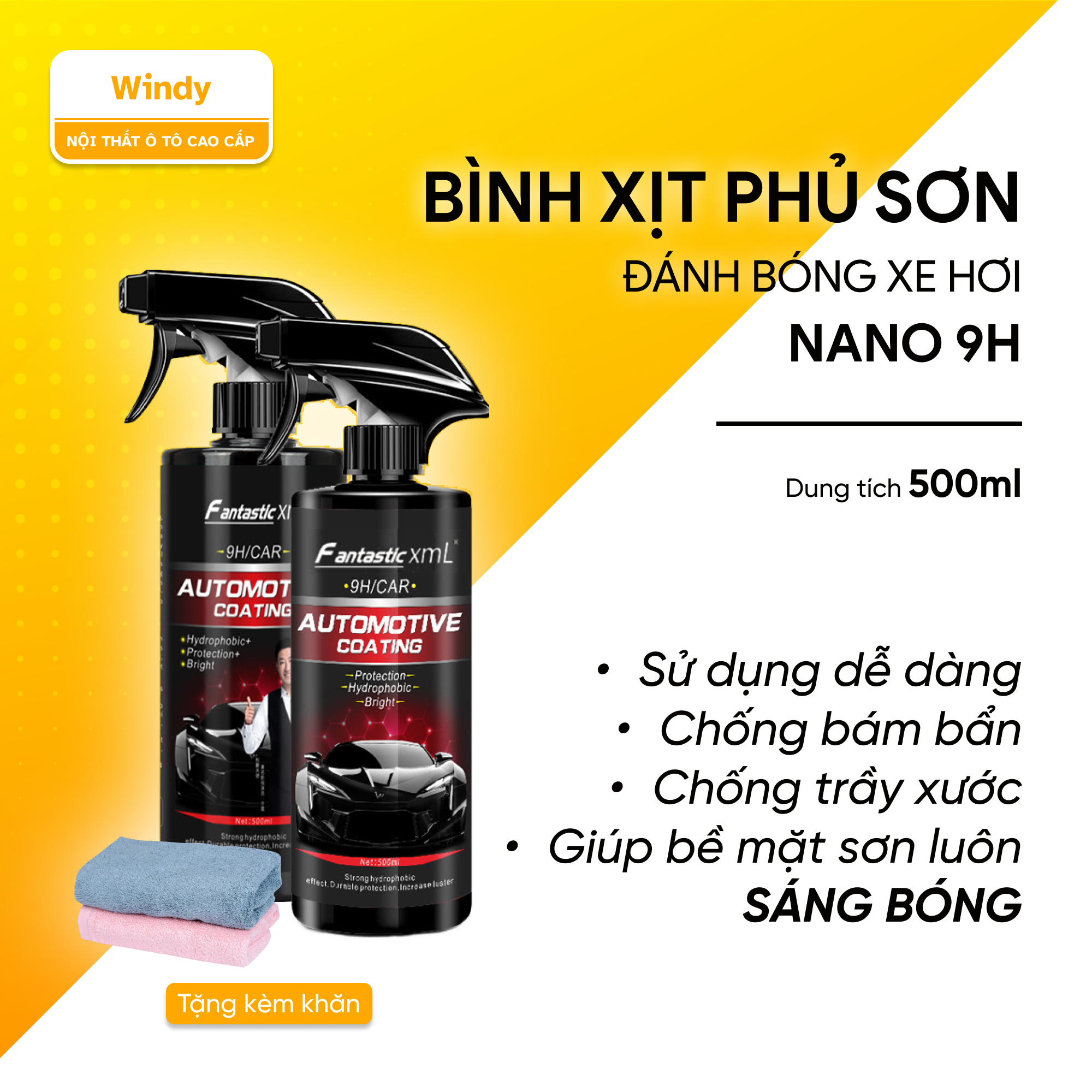 Bình xịt phủ sơn đánh bóng xe hơi, ô tô xịt phủ nano 9h dung tích 500ml