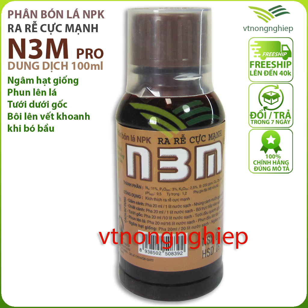 Kích Rễ N3M Pro, Chai 100ml n3m nước, Phân Bón Lá Kích Rễ, Ra Rễ Cực Mạnh N3M, Ngâm Hạt Giống, Phun Lên Lá, Tưới Gốc, Giâm Cành-vtnongnghiep