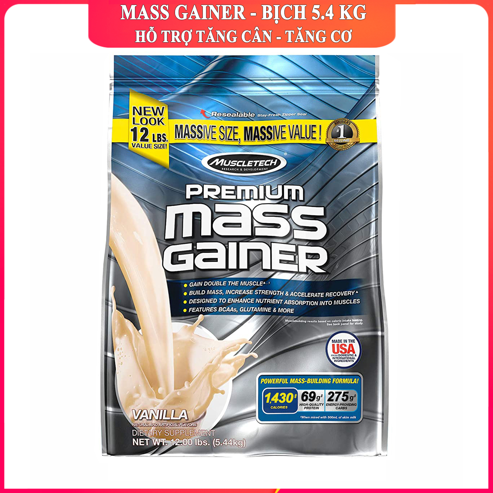 Sữa tăng cân tăng cơ Premium Mass Gainer của Muscle Tech bịch lớn 5.4 kg hỗ trợ tăng cân tăng cơ nạc nhanh cho người tập GYM và chơi thể thao dễ hấp thu không kén người dùng - thuc pham chuc nang