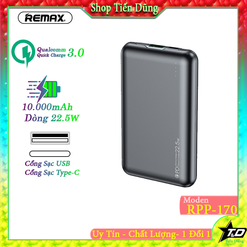 Pin sạc dự phòng remax rpp 170 dung lượng 1000mah sạc nhanh qc3.0 + pd3.0 với 22.5w với 2 cổng usb và type-c