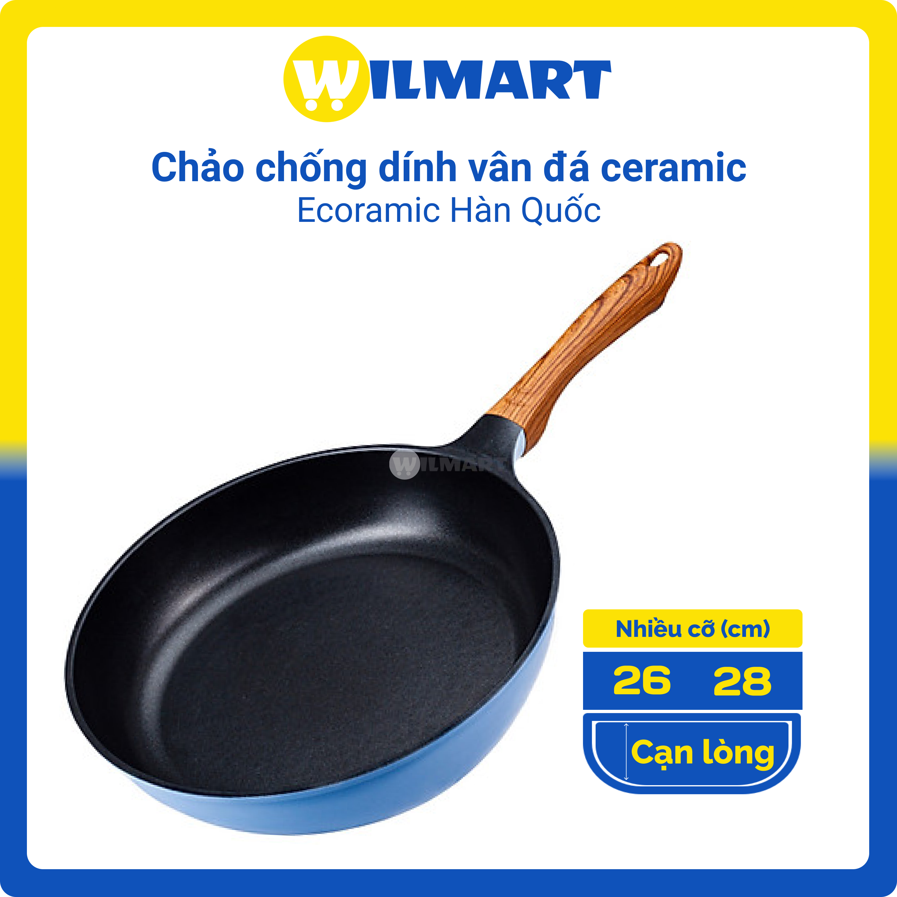 Chảo đúc chống dính vân đá ceramic cạn lòng Ecoramic Hàn Quốc 26-28 cm - Xanh dương pastel