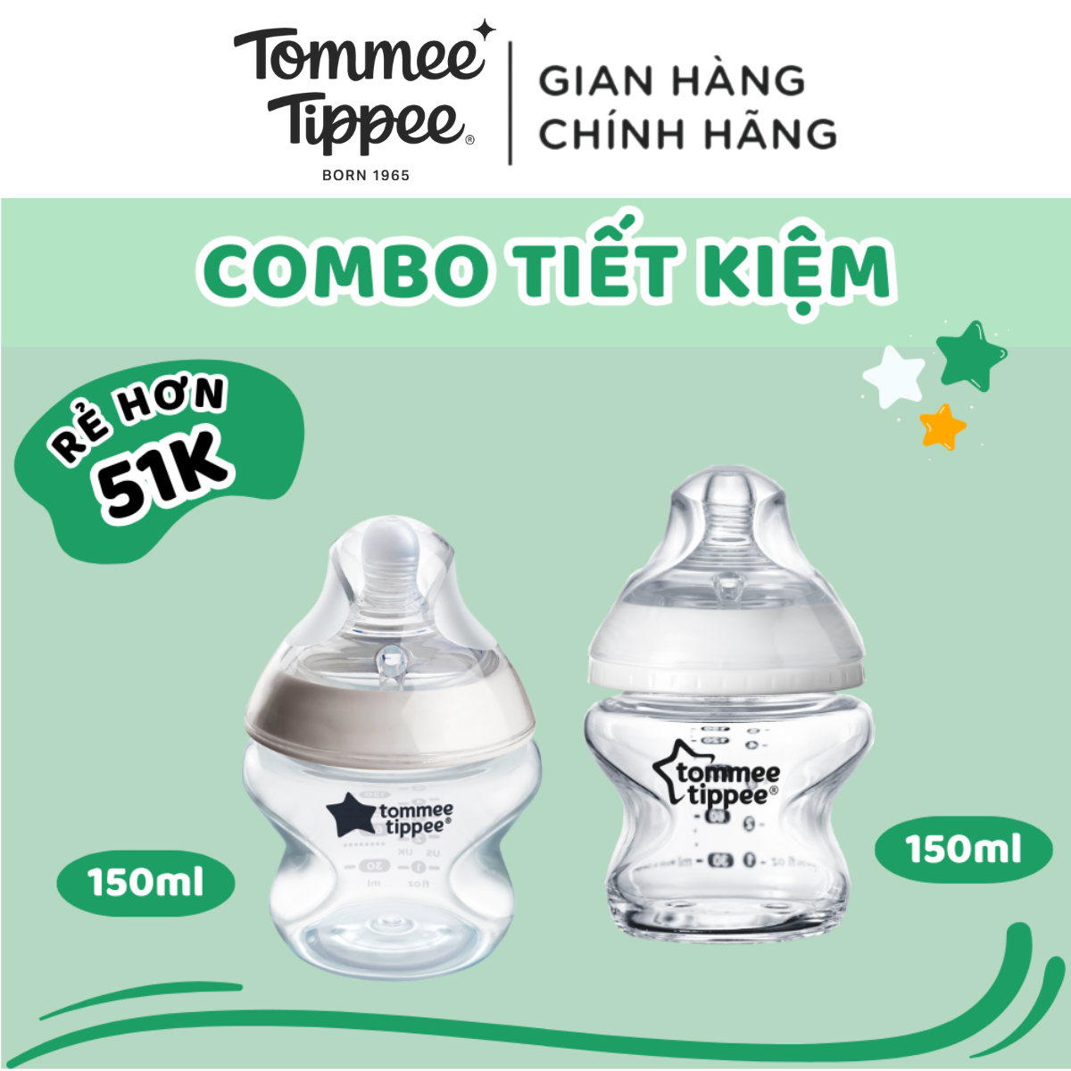 Combo bình sữa thuỷ tinh ty siêu mềm tự nhiên tommee tippee 150ml & bình sữa ty siêu mềm tự nhiên tommee tippee 150ml