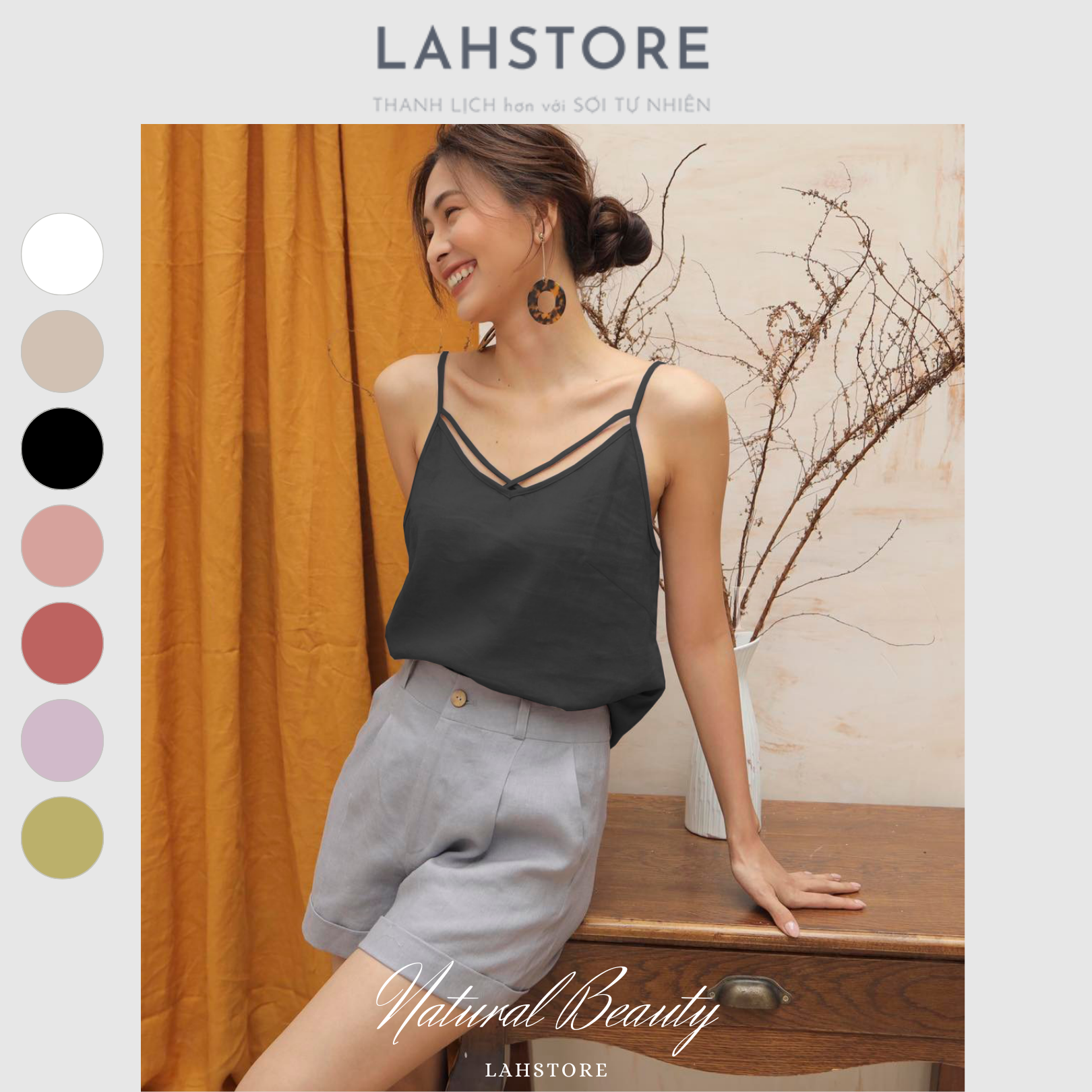 Áo 2 dây nữ LAHSTORE vải linen tưng gân, cổ tim, dây cổ đan chéo (Đen)